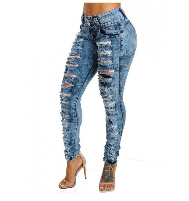 Ripped High-waisted Breasted Jeans With Small Feet - JWHL FASHION