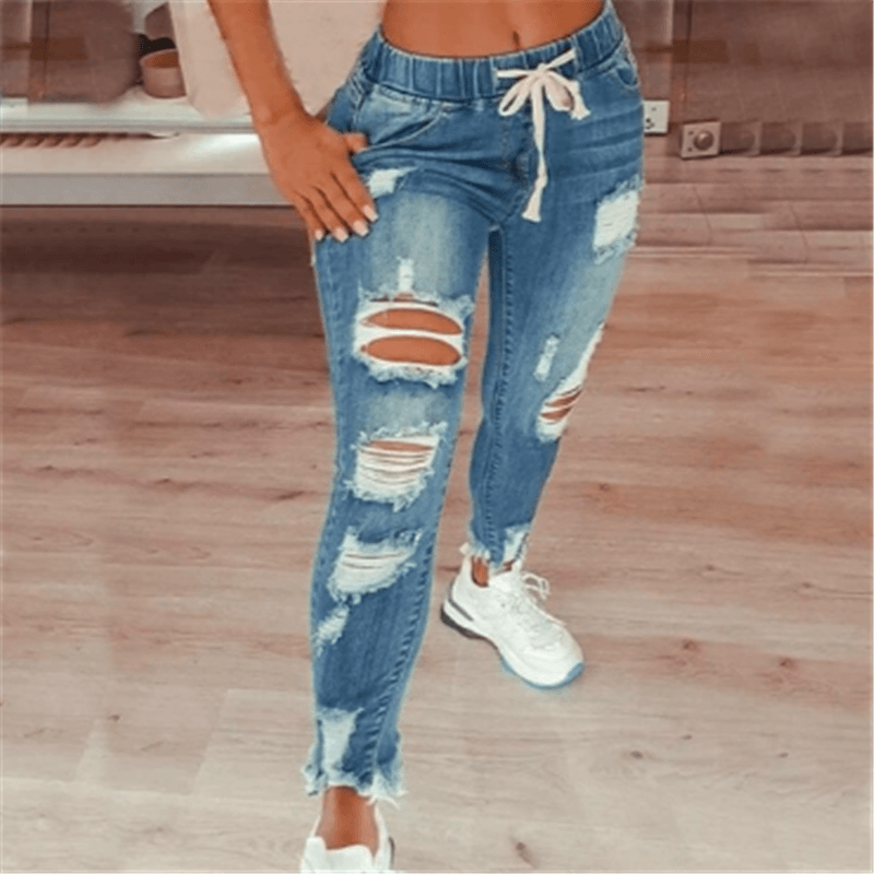 High-waist Lace-up Slim-fit Stretch-leg Ripped Denim Jeans - JWHL FASHION