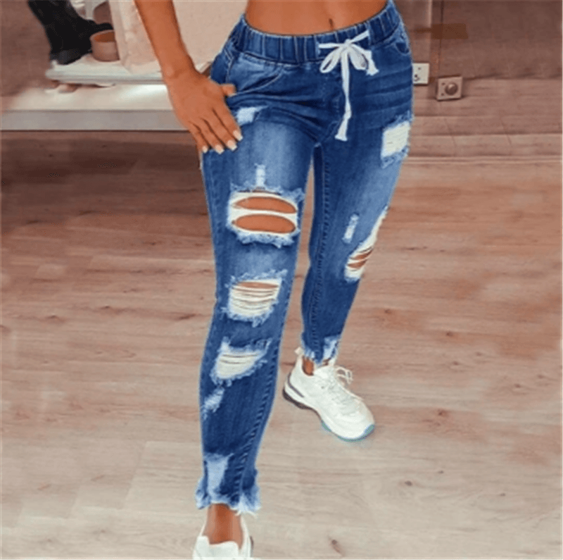 High-waist Lace-up Slim-fit Stretch-leg Ripped Denim Jeans - JWHL FASHION