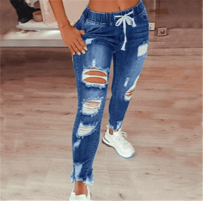 High-waist Lace-up Slim-fit Stretch-leg Ripped Denim Jeans - JWHL FASHION