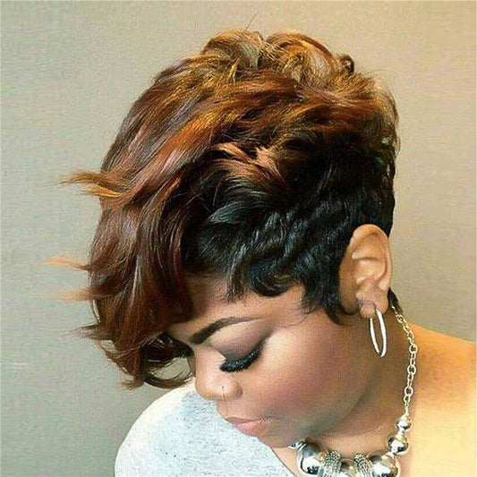 Short Black Mixed Brown Oblique Bangs Curly Hair Chemical Fiber  Wig - JWHL FASHION