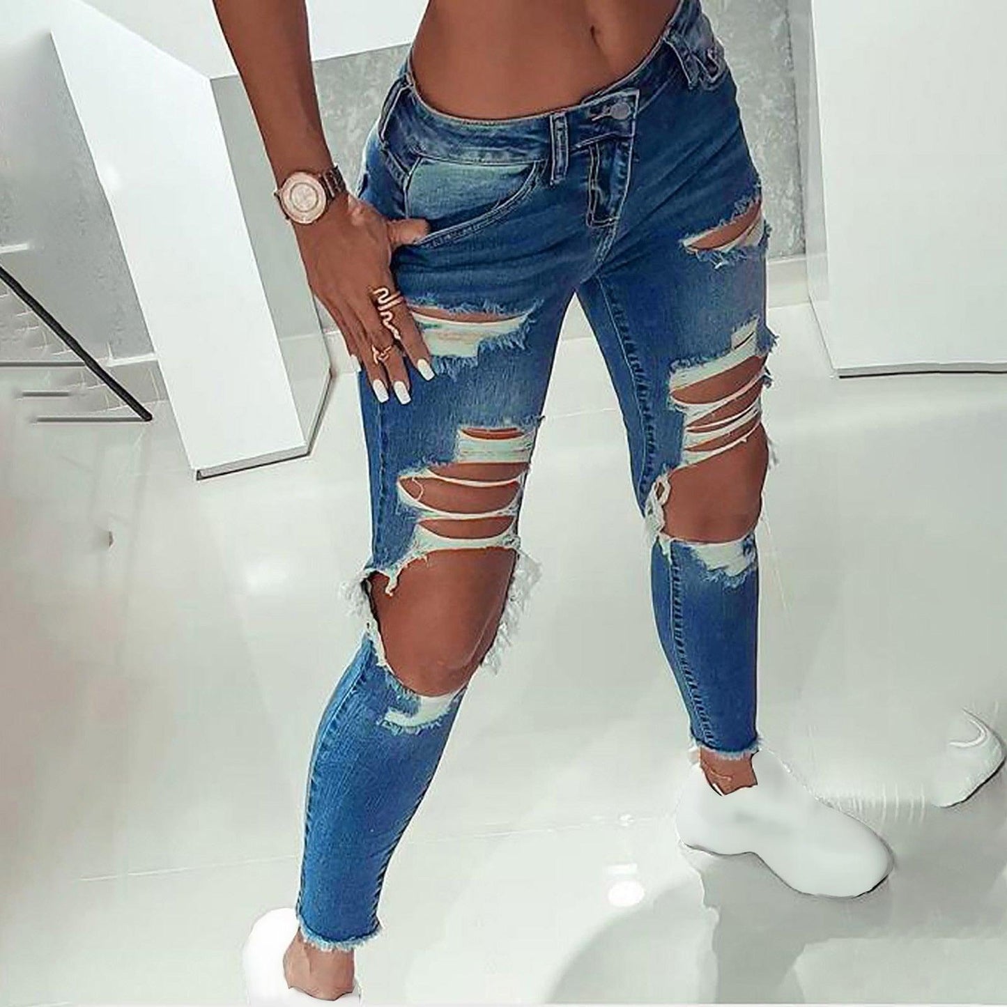 Low-Rise Jeans Ripped Stretch Jeans - JWHL FASHION