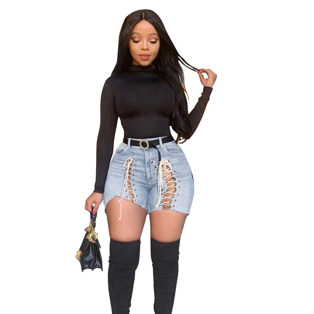 Lace-Up Denim Shorts - JWHL FASHION