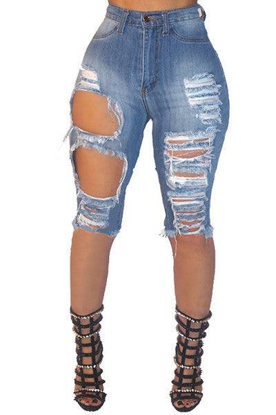 Ripped Elastic Denim Pants - JWHL FASHION