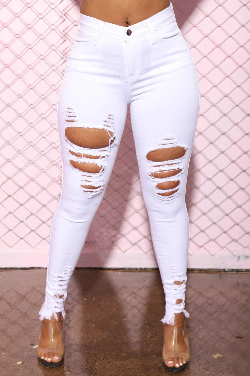 Women's Cotton Elastic Ripped Elastic Foot Pants - JWHL FASHION