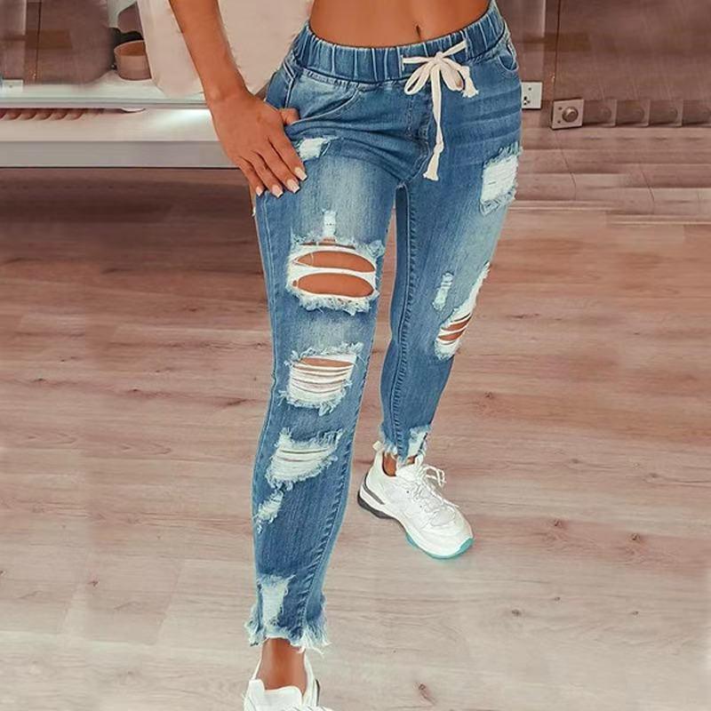 High Waist Ripped Elastic Waist Drawstring Jeans Women Trousers - JWHL FASHION