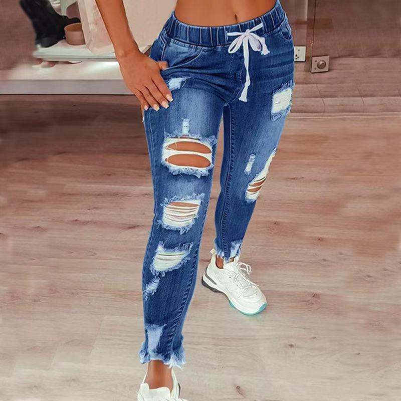 High Waist Ripped Elastic Waist Drawstring Jeans Women Trousers - JWHL FASHION