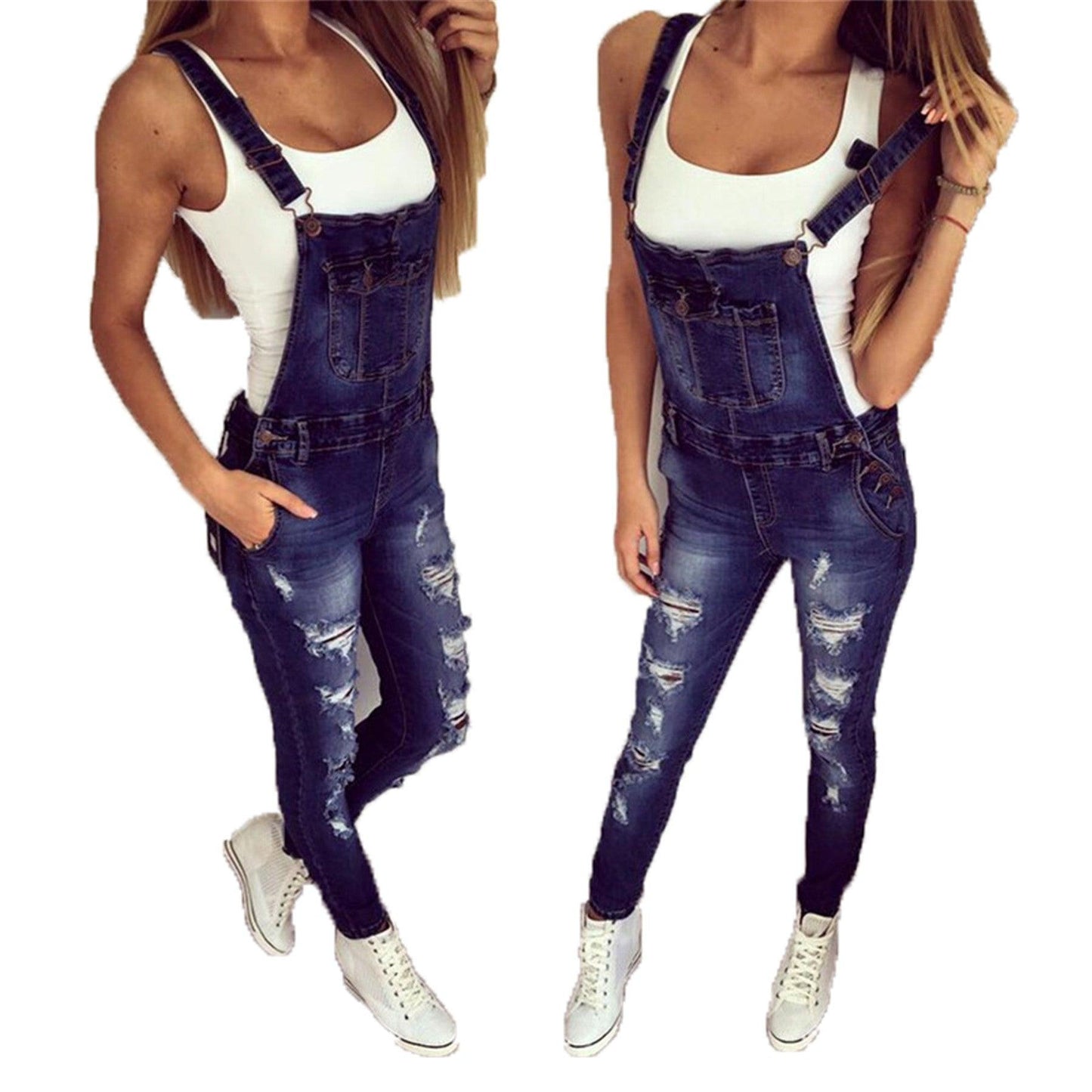 Sports Double Shoulder Strap Ripped Denim Jeans - JWHL FASHION