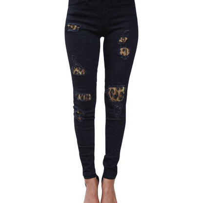 Leopard-print ripped patch stretch jeans - JWHL FASHION