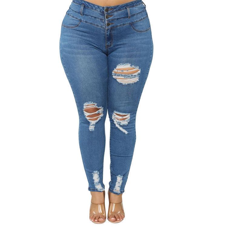 High waist ripped large size fat jeans - JWHL FASHION