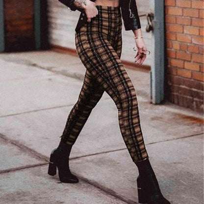 Plaid high waist leggings women casual pants - JWHL FASHION