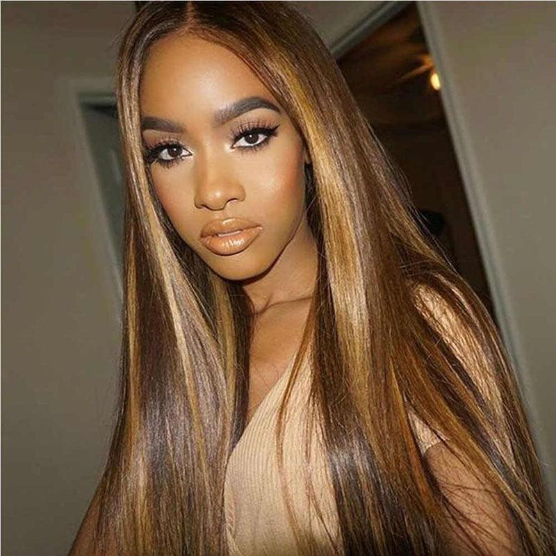 Straight long hair brown pick golden synthetic wig - JWHL FASHION