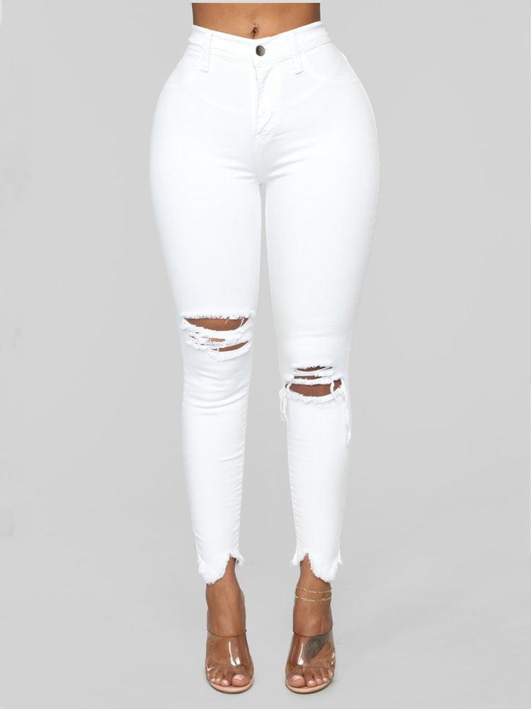 Ripped solid denim long pants - JWHL FASHION