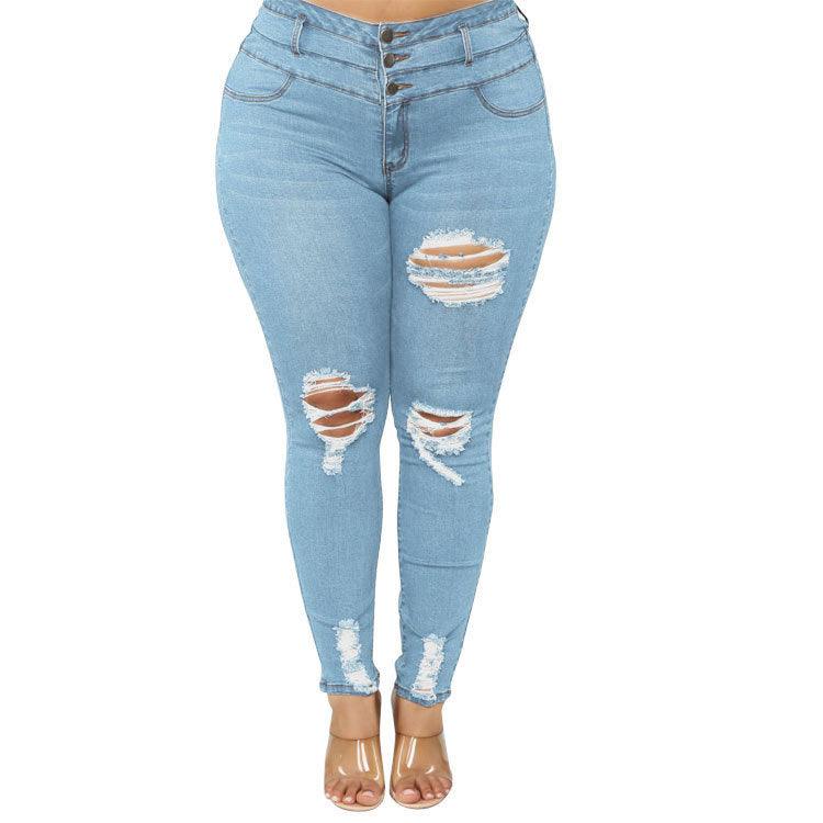 High waist ripped large size fat jeans - JWHL FASHION