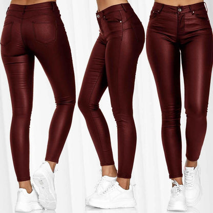 Women's solid color leather casual pants or trousers - JWHL FASHION