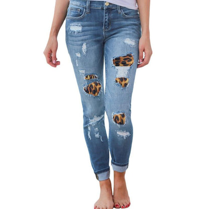 Leopard-print ripped patch stretch jeans - JWHL FASHION