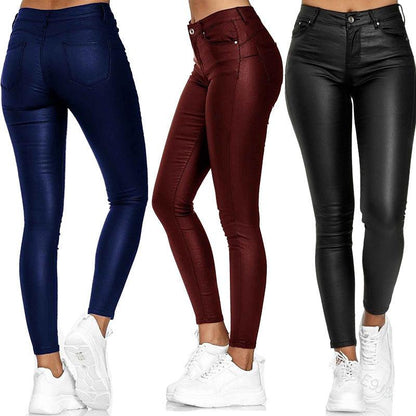 Women's solid color leather casual pants or trousers - JWHL FASHION