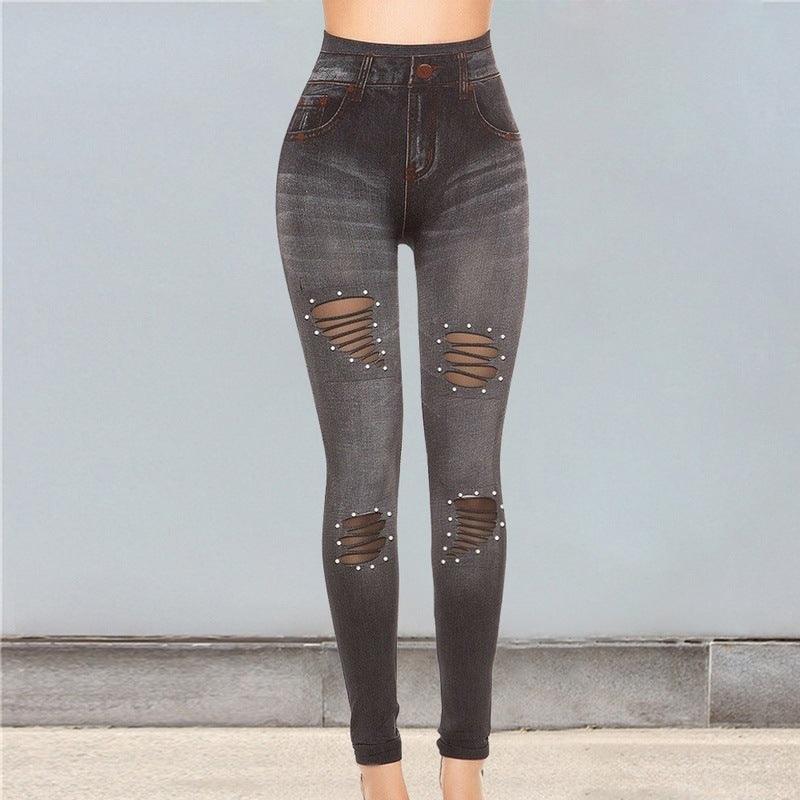 Cutout Mesh Studs Pearl Stretch Denim Leggings - JWHL FASHION