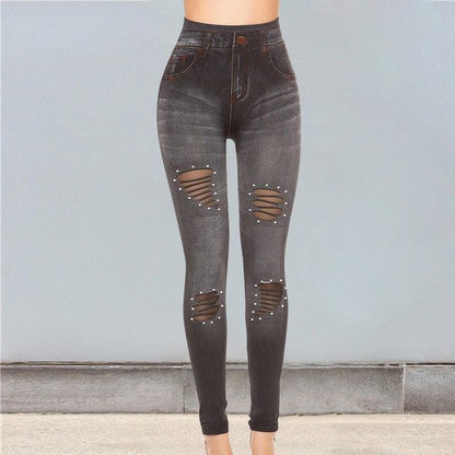 Cutout Mesh Studs Pearl Stretch Denim Leggings - JWHL FASHION