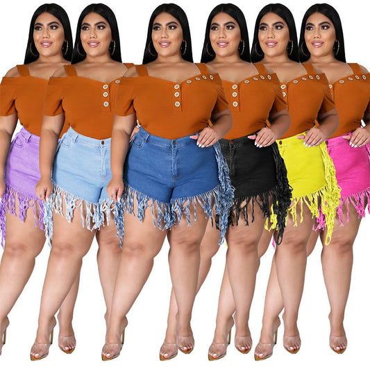 Ripped Fringed Brushed Denim Shorts Plus Size Women'S Casual Straight-Leg Pants - JWHL FASHION