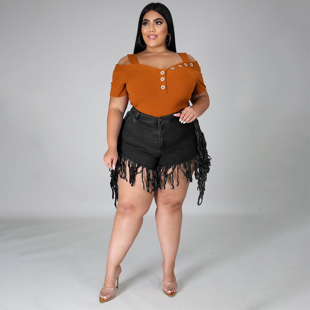 Ripped Fringed Brushed Denim Shorts Plus Size Women'S Casual Straight-Leg Pants - JWHL FASHION