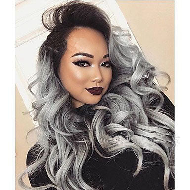 Grey black Ombre wavy long curly hair front lace synthetic wig - JWHL FASHION