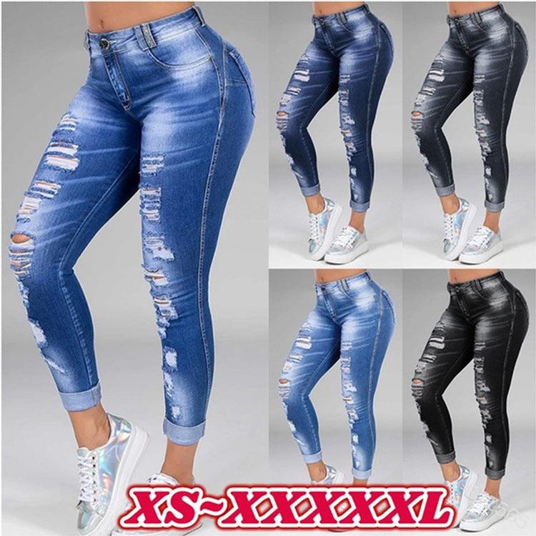 Ladies jeans ripped holes show thin stretch jeans - JWHL FASHION