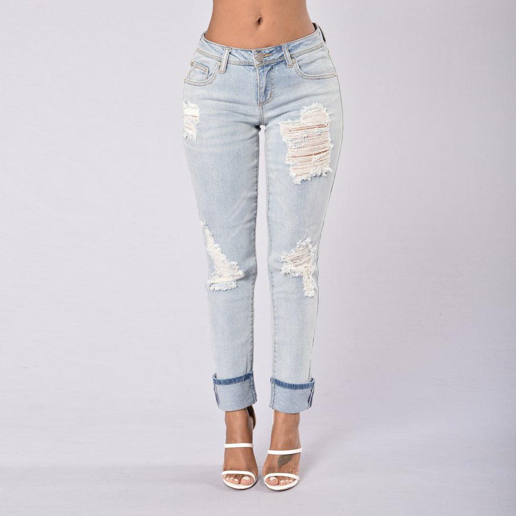 Pleats wear out elastic jeans - JWHL FASHION