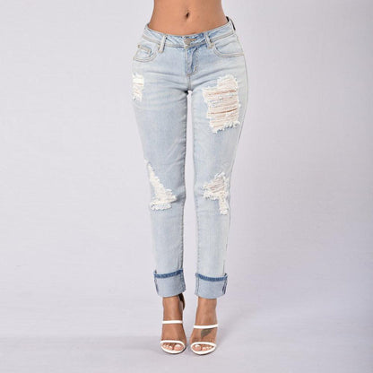 Pleats wear out elastic jeans - JWHL FASHION