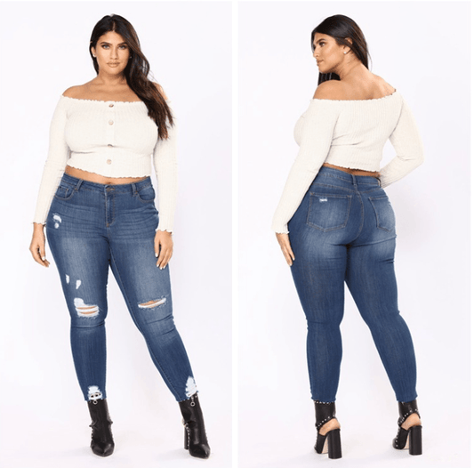 New large size women's hole dark blue jeans women's clothing - JWHL FASHION