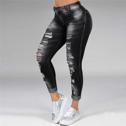 Ladies jeans ripped holes show thin stretch jeans - JWHL FASHION