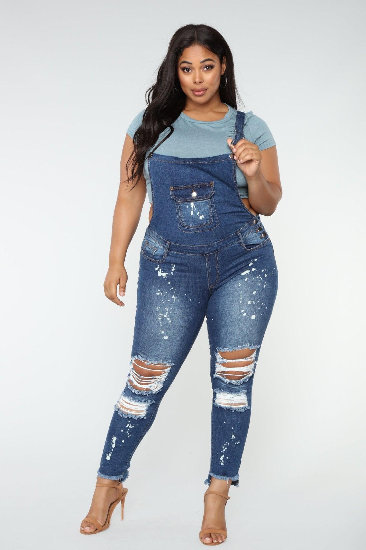 Plus Size Elastic Ripped Overalls - JWHL FASHION