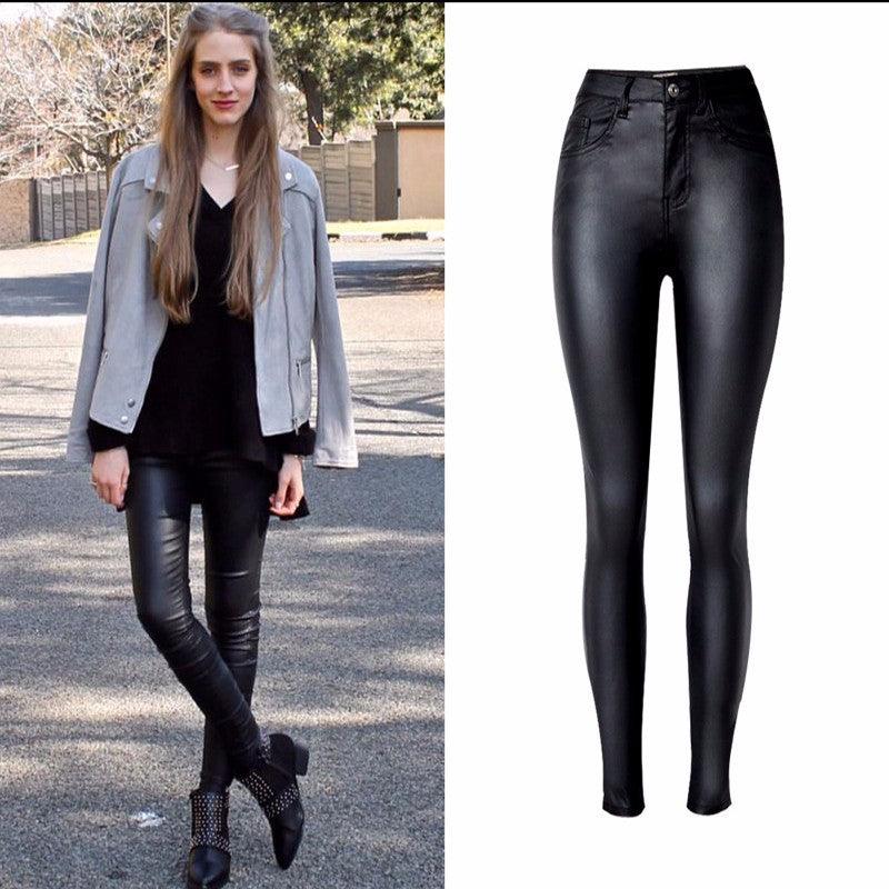 High waist slim stretch coated faux leather pants or trousers - JWHL FASHION