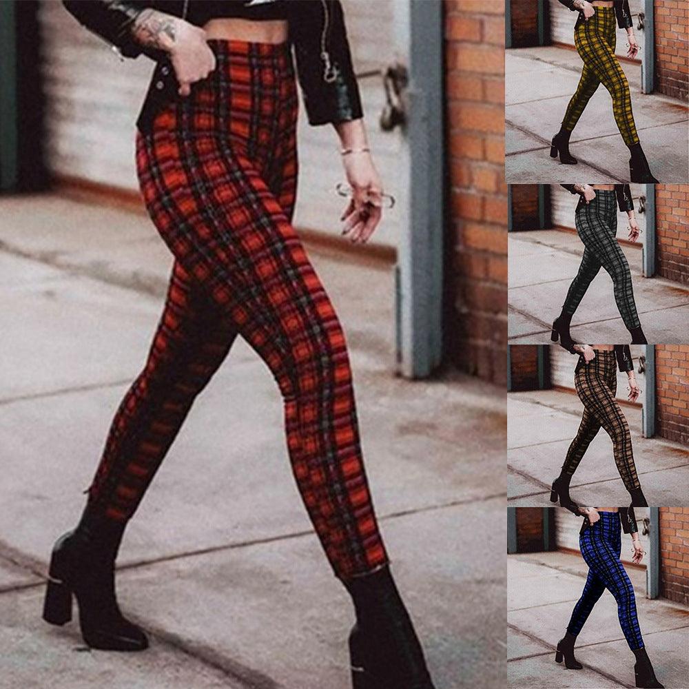 Plaid high waist leggings women casual pants - JWHL FASHION