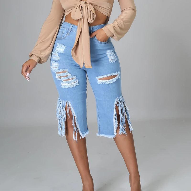 New Style Ripped Elastic Fringed Jeans Women High Waist Knee-length Casual Slim Fit - JWHL FASHION