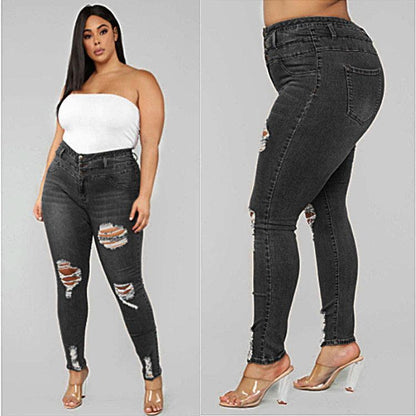 High waist ripped large size fat jeans - JWHL FASHION