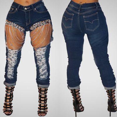 Women ripped chain jeans big size 2xl skinny jeans - JWHL FASHION