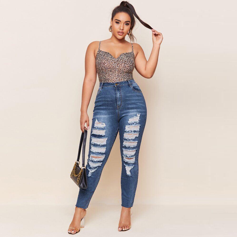 Washed Ripped Fat MM Slim Plus Size Pencil Pants - JWHL FASHION