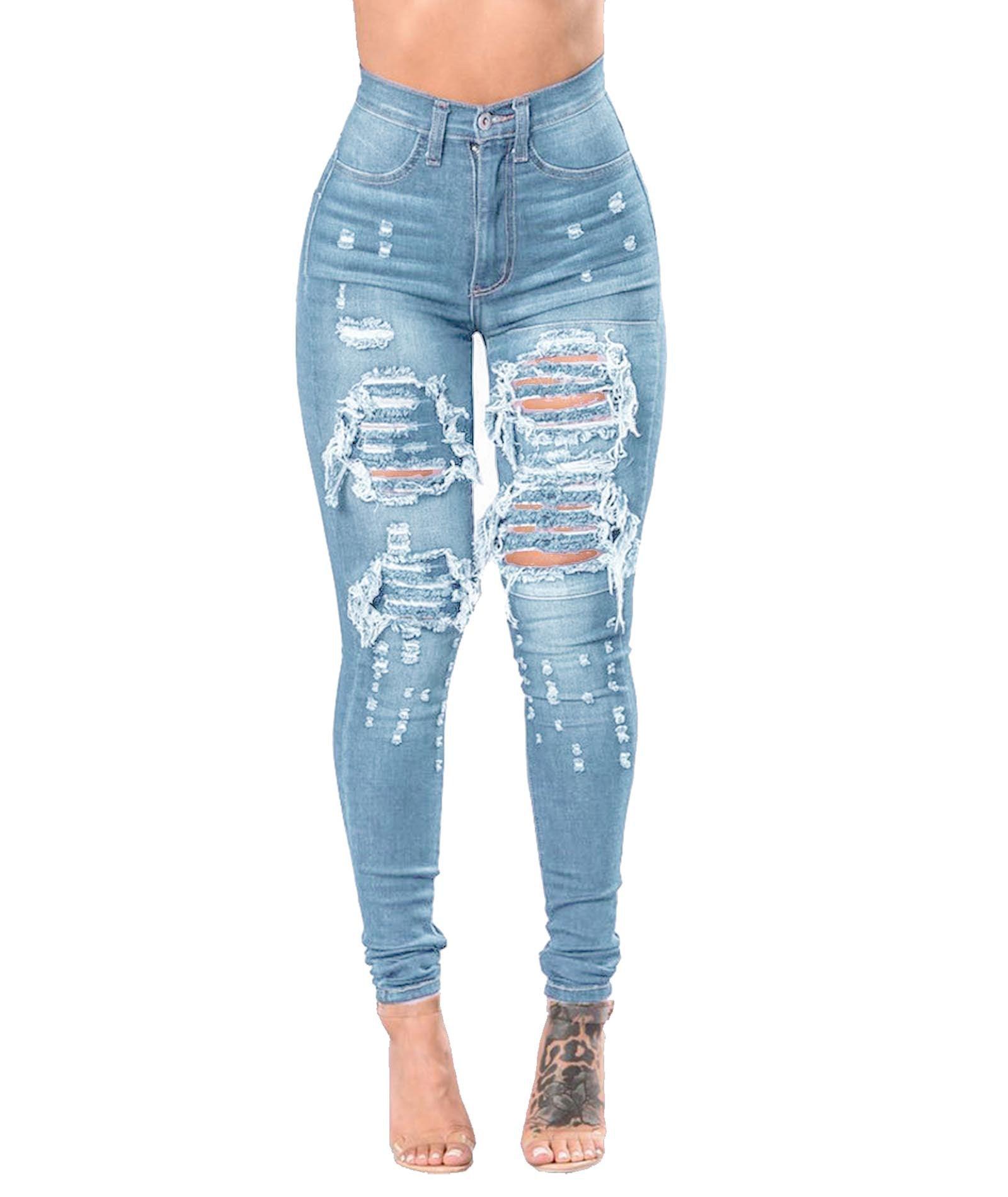 Women's Ripped Denim Washed Denim Pants - JWHL FASHION