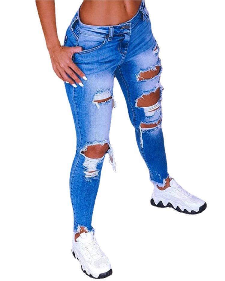 Women's Denim Low-waisted Butt-lifting Trousers With Holes - JWHL FASHION