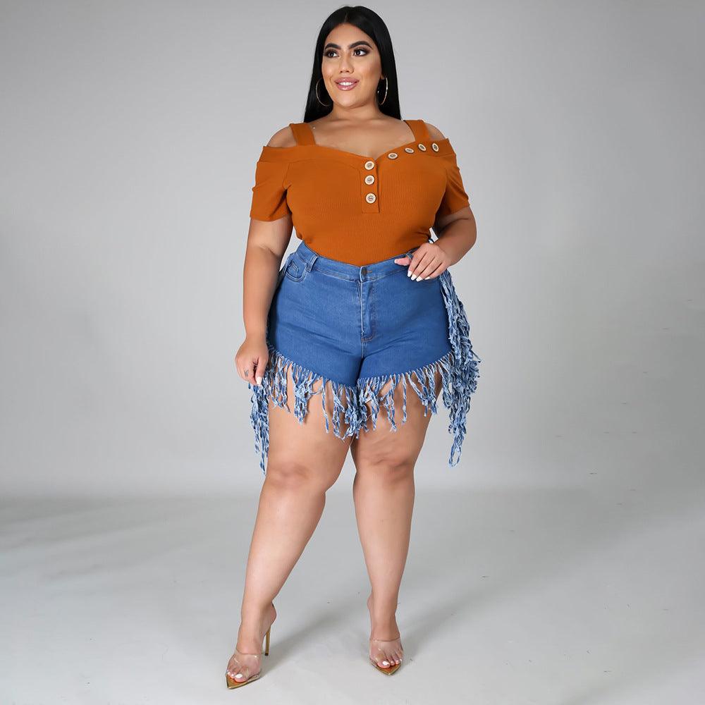 Ripped Fringed Brushed Denim Shorts Plus Size Women'S Casual Straight-Leg Pants - JWHL FASHION