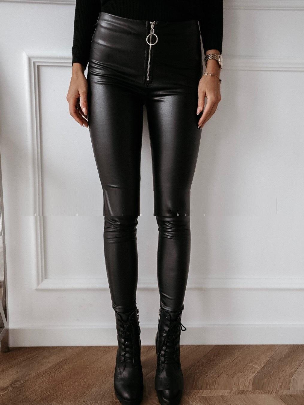 Women's Casual High Waist Zipper Pencil Leather Pants or Trousers - JWHL FASHION