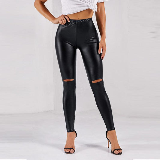 Tight High Waist Bright Color Sexy Ripped Leather Leggings - JWHL FASHION