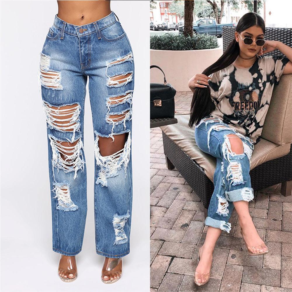 Ripped Non-stretch Straight-leg Pants - JWHL FASHION