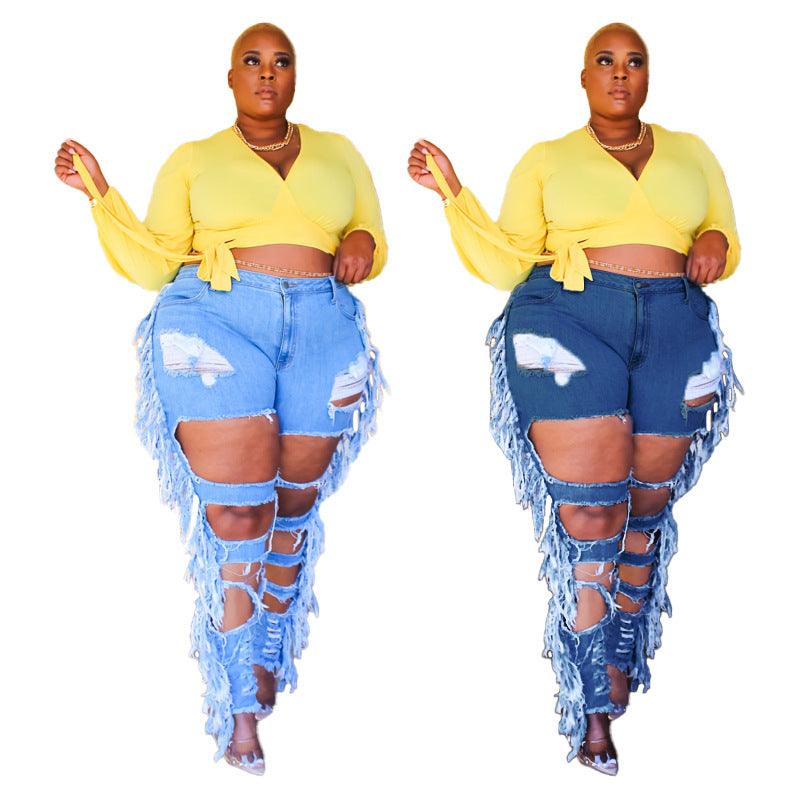 Plus Size Side Tassel Holes Jeans - JWHL FASHION