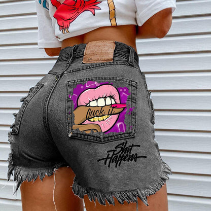 Mouth Biting Finger Print Fashion Ripped Denim Shorts - JWHL FASHION