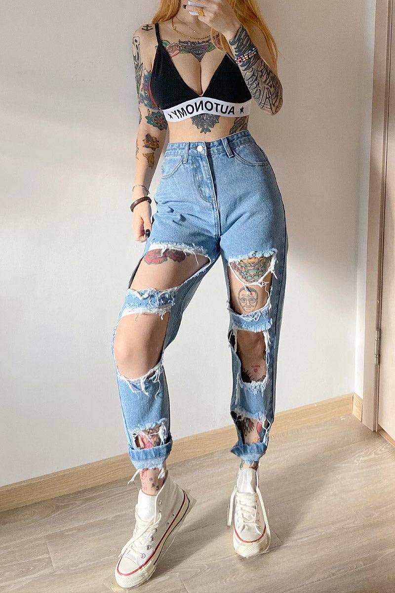 Ripped raw high-rise jeans - JWHL FASHION