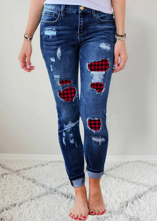 Women's Printed Denim Stretch Pants With Holes - JWHL FASHION