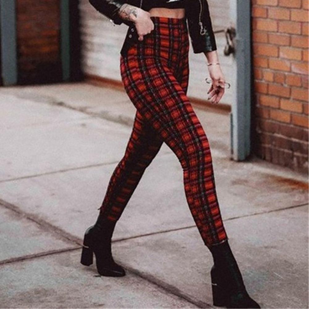 Plaid high waist leggings women casual pants - JWHL FASHION