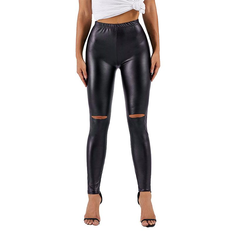 Tight High Waist Bright Color Sexy Ripped Leather Leggings - JWHL FASHION